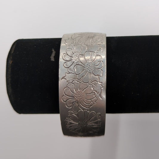 Vintage Fashion BRACELET Kirk Stieff Pewter Flower Aster Cuff Adjustable engrave