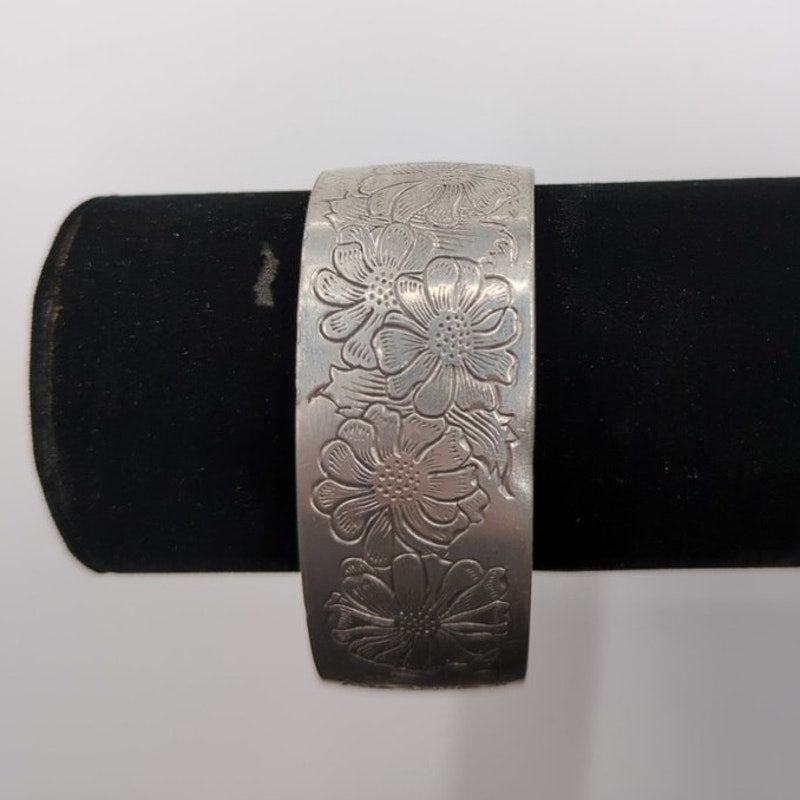 Vintage Fashion BRACELET Kirk steiff Pewter Flower Aster Cuff Adjustable engrave