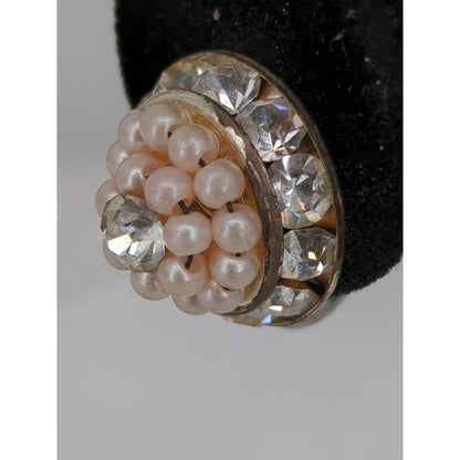 Vintage Faux Pearl Rhinestone Cluster Screw-Back Earrings Retro Elegance
