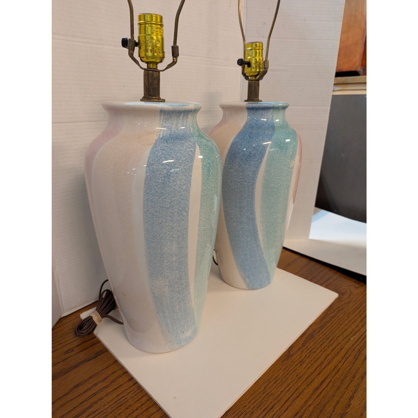 Vintage Montgomery Ward Pastel Ceramic Table Lamps Set Blue Pink Swirl Retro