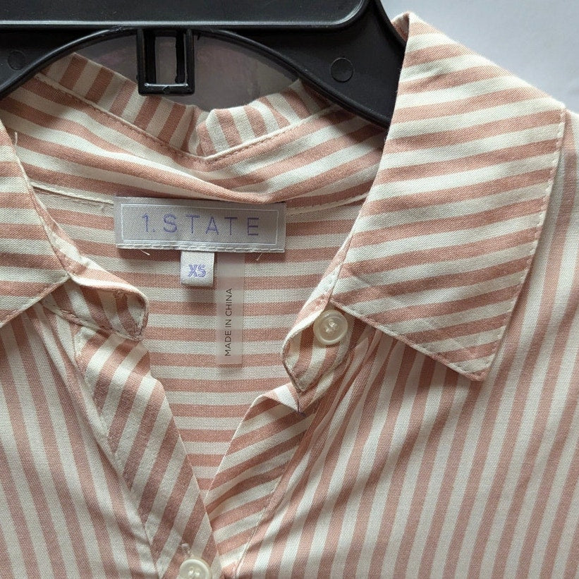 1. State Striped Button Up Shirt Womens XS Pink White Rayon Pocket Blouse