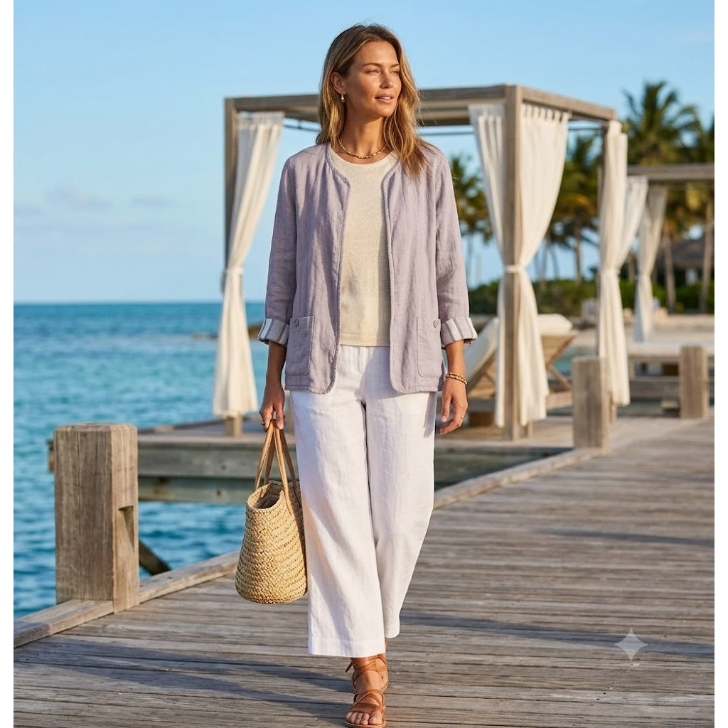 Tahari Linen Cotton Open Front Jacket LARGE Long Sleeve Lagenlook Pockets Gray