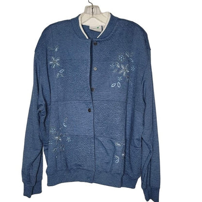 Alfred Dunner Warm heart Blue Long Sleeve PXL Button down Embroidered Sweatshirt