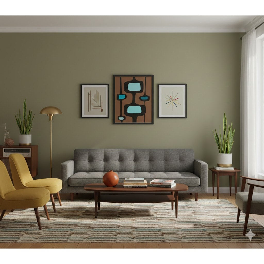 MCM Geometric Art Work Black Brown teal framed Original Signed Grieswich 20"x17"
