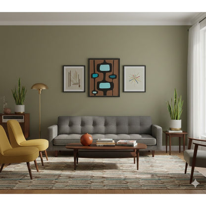 MCM Geometric Art Work Black Brown teal framed Original Signed Grieswich 20"x17"