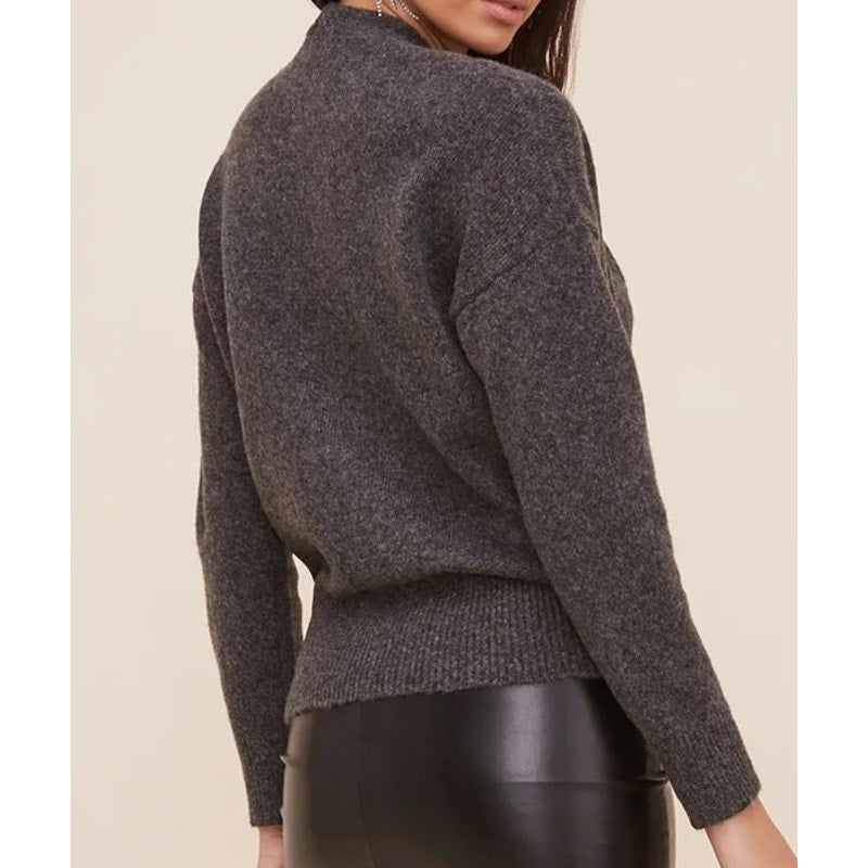 NWT Astr The Label Pleated Plunge Wrap Front Sweater Sz Medium in Charcoal