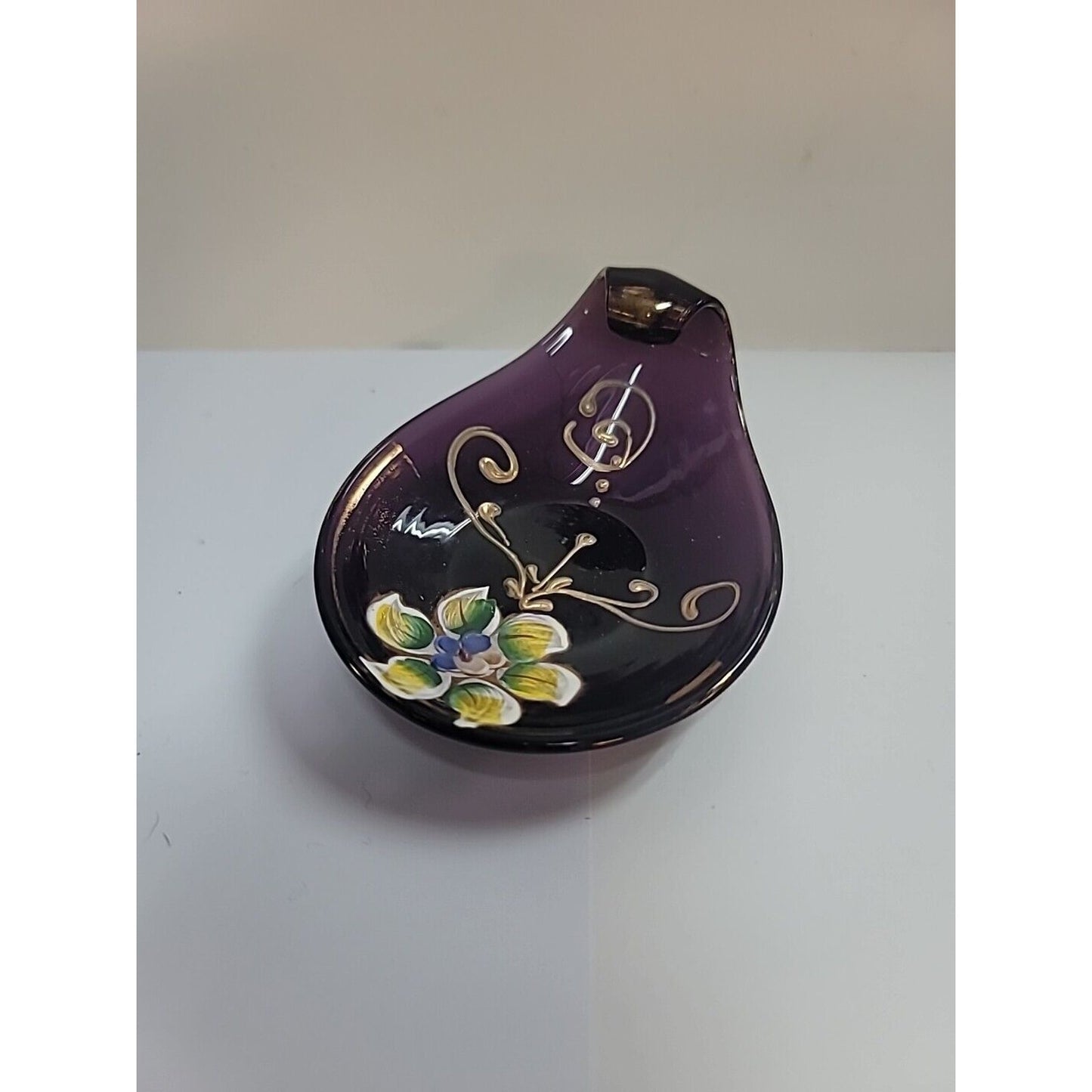 Vintage Italian Murano Glass FLORENTINE handpainted gold PURPLE TRINKET Dish
