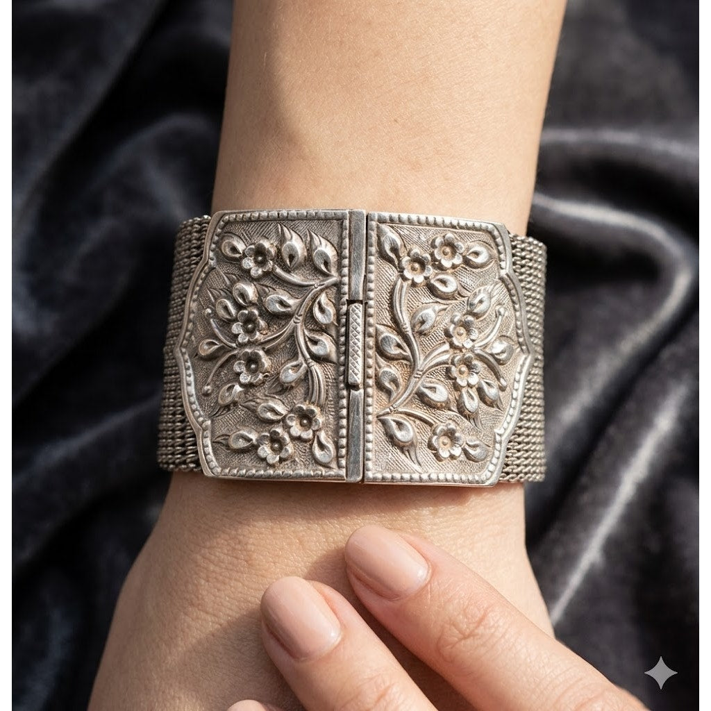 Vintage 925 Wide Mesh Statement Cuff Art Nouveau Floral Relief Artisan Repousse'