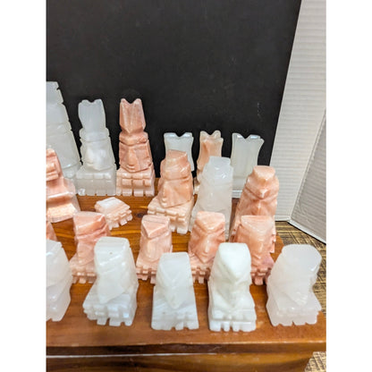Vintage Hand-Carved Alabaster Chess Set – Rose & White Marble Pieces damaged