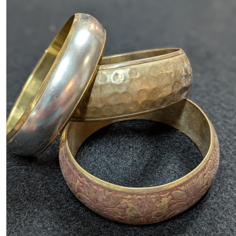 Set of 3 Brass Vintage Bracelets hammered two tone metal etched mixed styles
