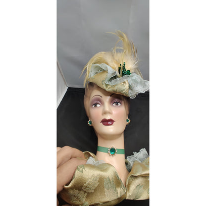 Vintage 10" Glamour Lady HeadVase Planter Fancy Hat Kitsch Ostrich FeathersRARE