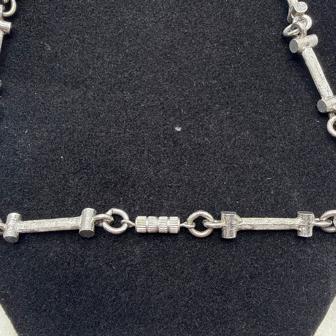 Vintage textured Brutalist Silver Tone Industrial Link Long Necklace Modern