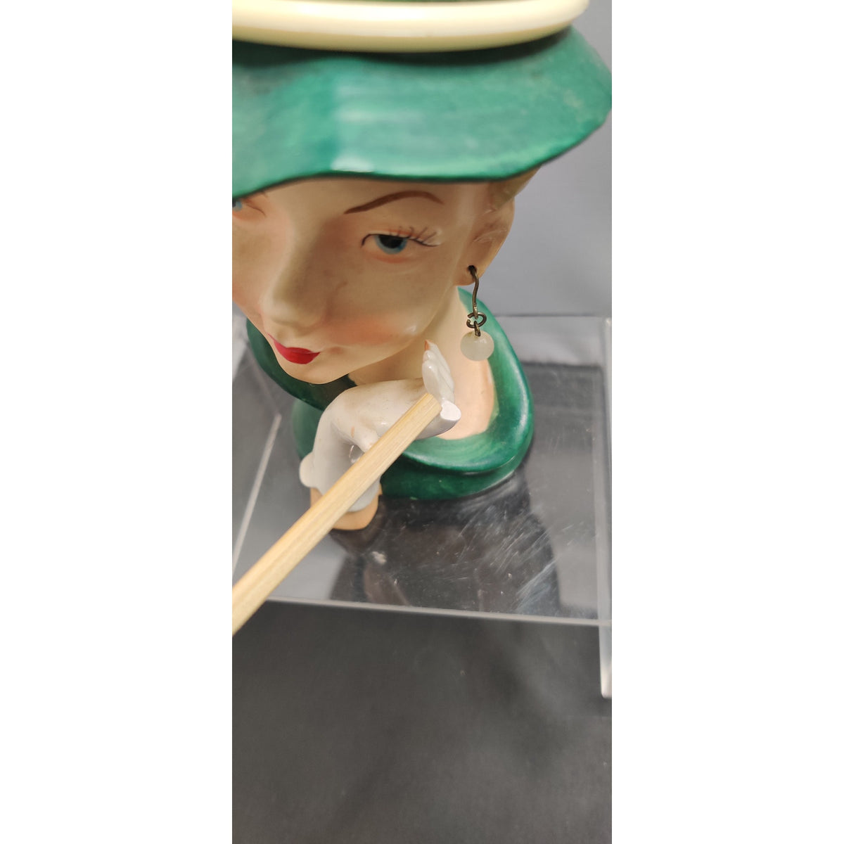 Vintage 1950s Damaged Napco Blonde Lady Head Vase Planter Green Hat Kitsch