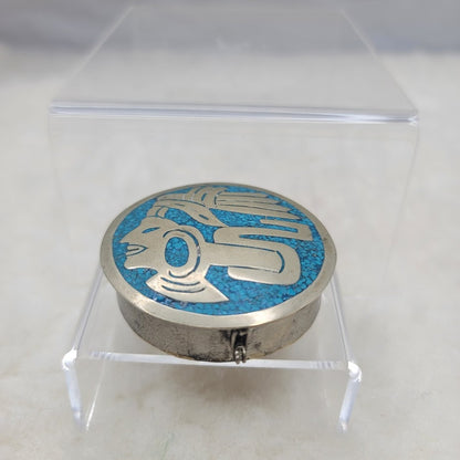Vintage Alpaca Mexico Turquoise Mosaic Inlay Trinket Box Aztec Warrior Folk Art