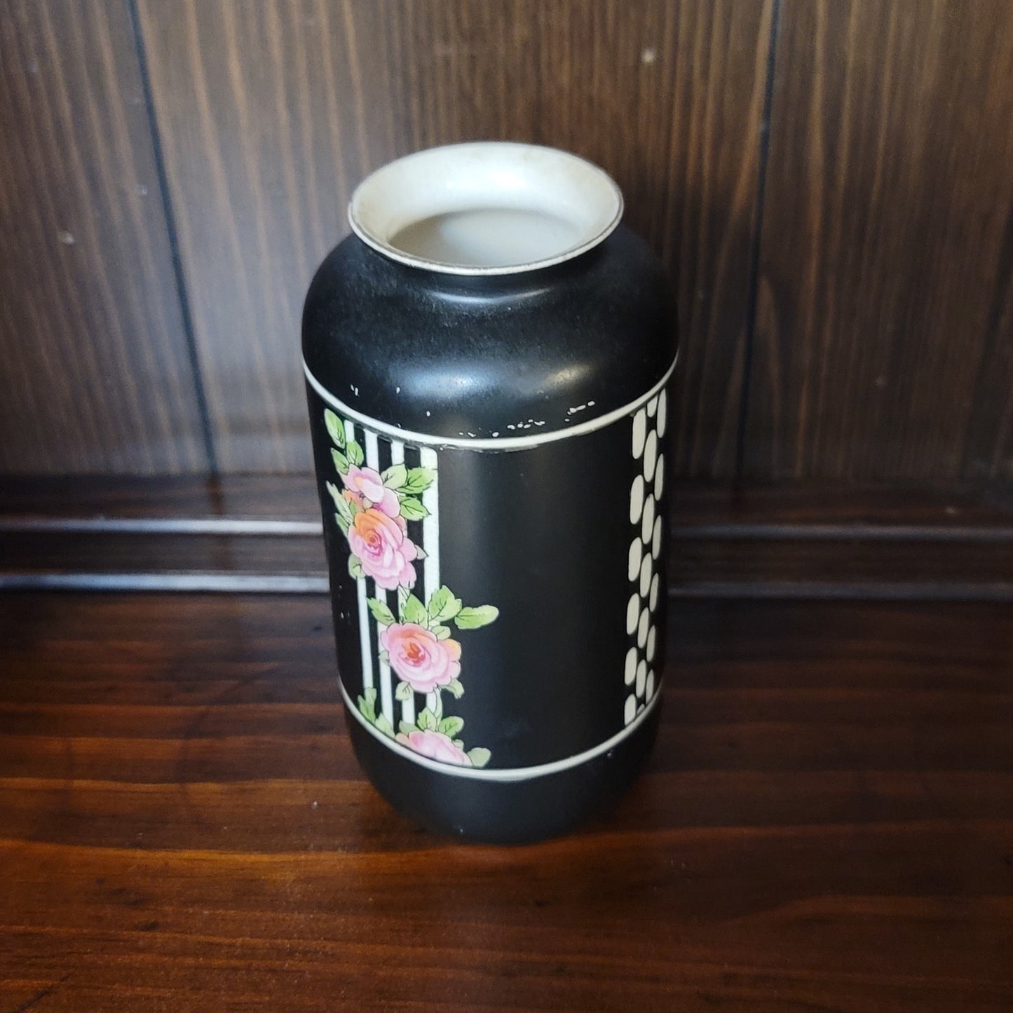 Vintage Crown Ducal Black Art Deco Vase with Pink Roses & White Trellis