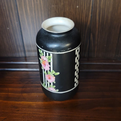 Vintage Crown Ducal Black Art Deco Vase with Pink Roses & White Trellis