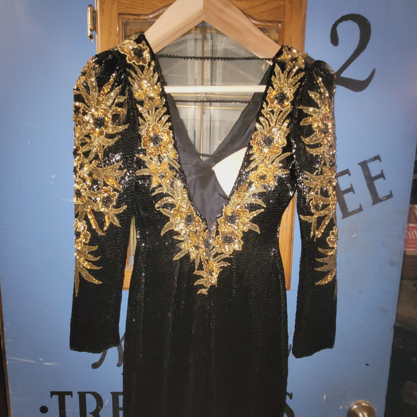 Sho Max SILK heavy beaded sequin dress 80s Vintage Formal SMALL gown Black Gold