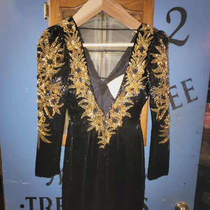 Sho Max SILK heavy beaded sequin dress 80s Vintage Formal SMALL gown Black Gold