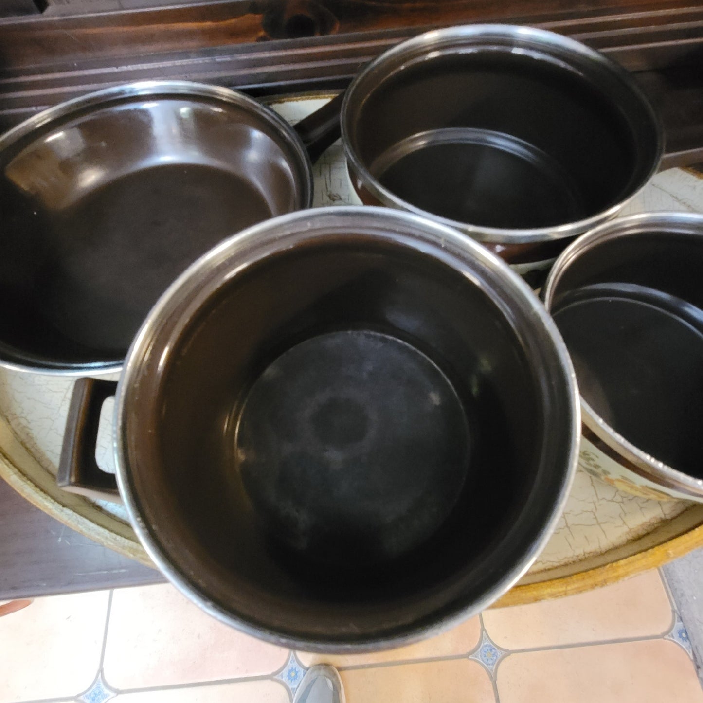 Vintage Asta Enamelware Cookware Set Brown Green Floral West Germany 8pc