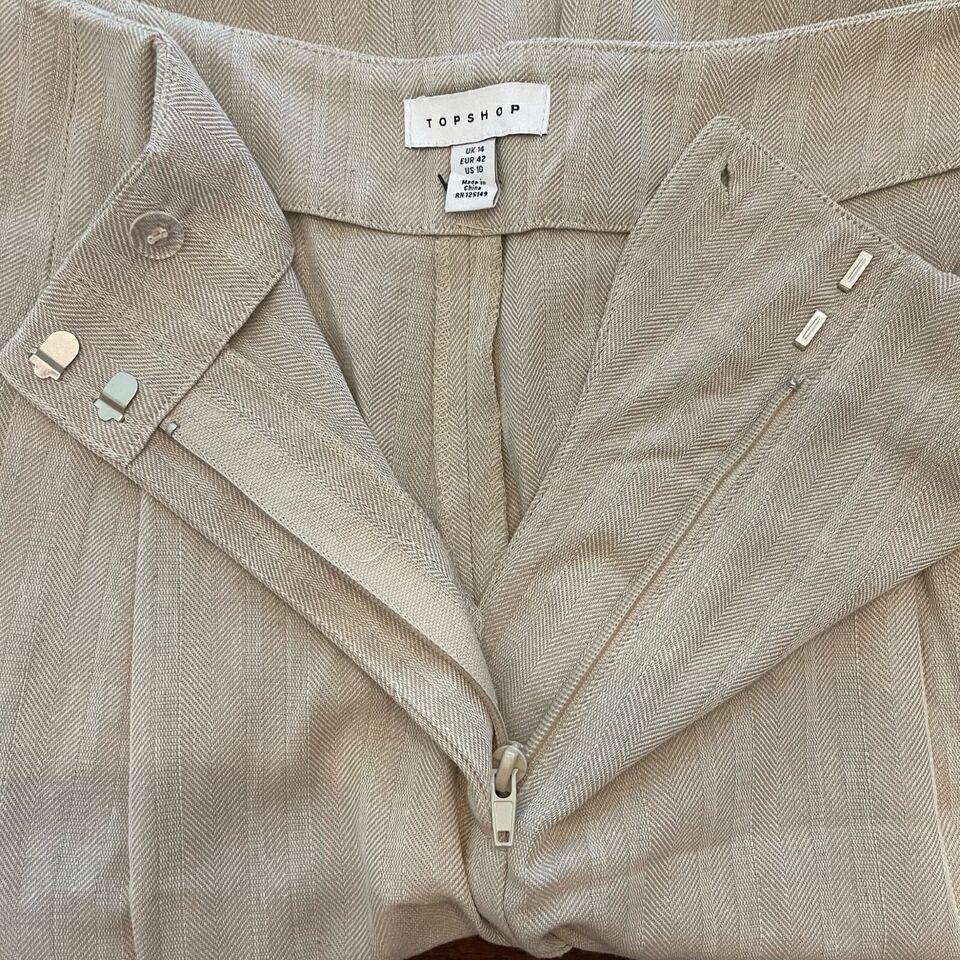 TopShop Herringbone Lightweight Wide Leg High Waist Trousers Sz 10 Oatmeal NWT