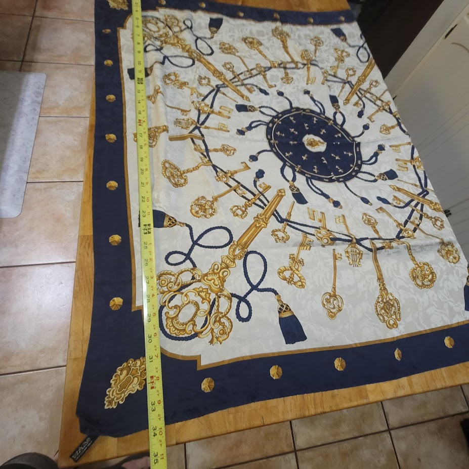 Vintage Italy Silk Scarf Navy Gold Tassel Equestrian Baroque Old Money Aesthetic