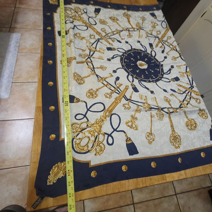 Vintage Italy Silk Scarf Navy Gold Tassel Equestrian Baroque Old Money Aesthetic