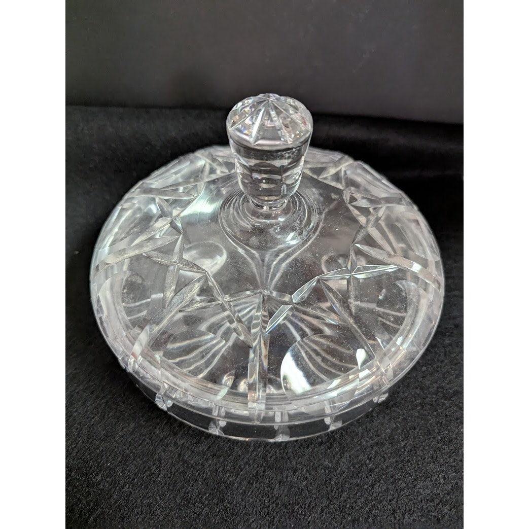 Vintage clear crystal lidded footed vanity powder bon bon candy dish cut pattern