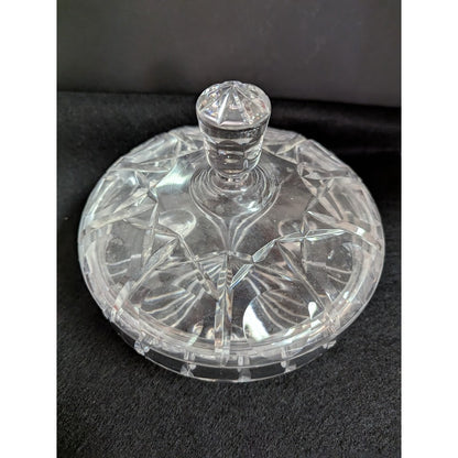 Vintage clear crystal lidded footed vanity powder bon bon candy dish cut pattern