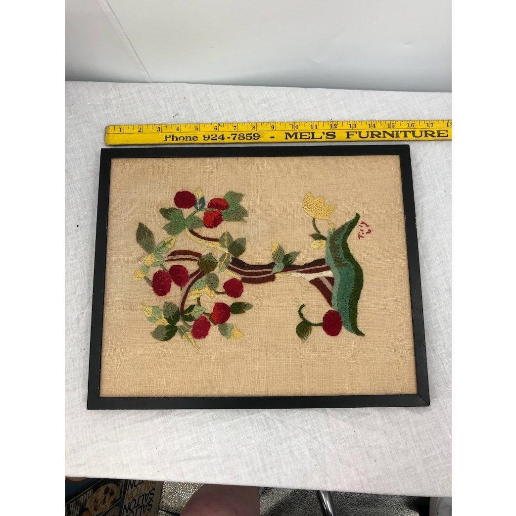 Vintage Crewel Cherry Tree Handmade by Tilly 1961 framed some water stains 12x16
