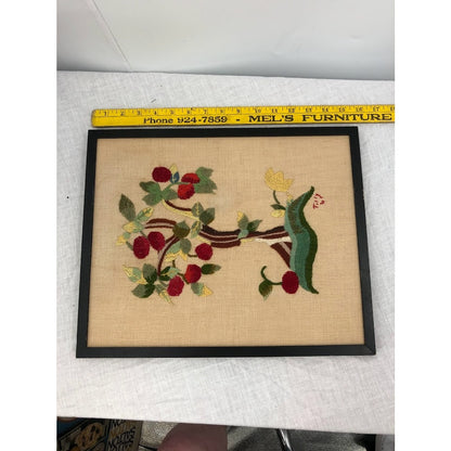 Vintage Crewel Cherry Tree Handmade by Tilly 1961 framed some water stains 12x16