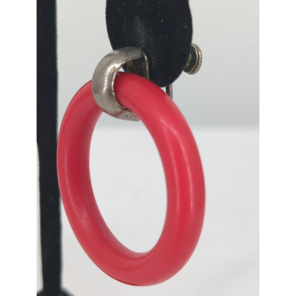 Vintage Bright Red Hoop Clip On Earrings Silver Tone Mid Century 1960s Mod