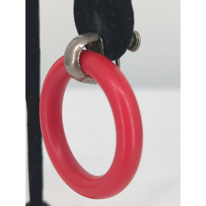 Vintage Bright Red Hoop Clip On Earrings Silver Tone Mid Century 1960s Mod