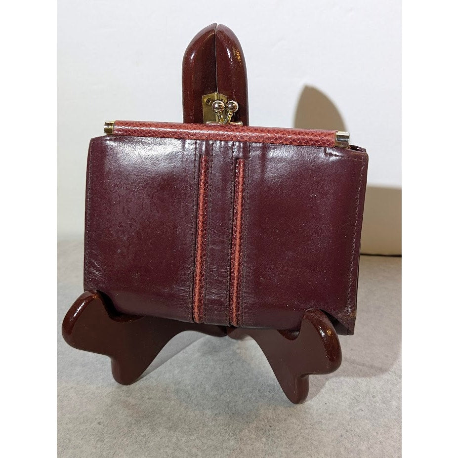 Vintage Anne Klein Lion Logo Burgundy Leather Kiss Lock Wallet 1990s