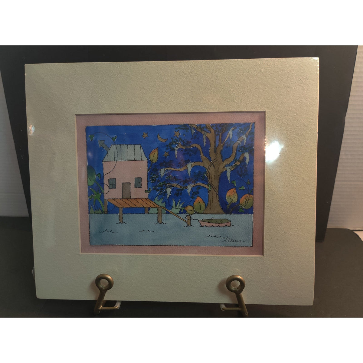 Original Stilt House and Dock Watercolor Painting Signed Sandy Evans