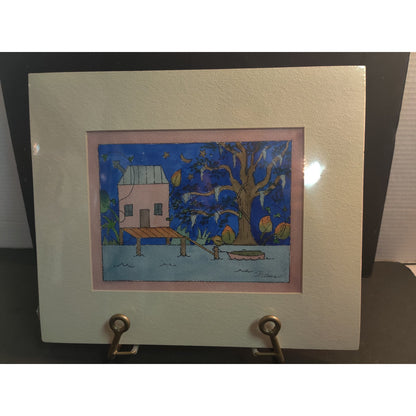 Original Stilt House and Dock Watercolor Painting Signed Sandy Evans