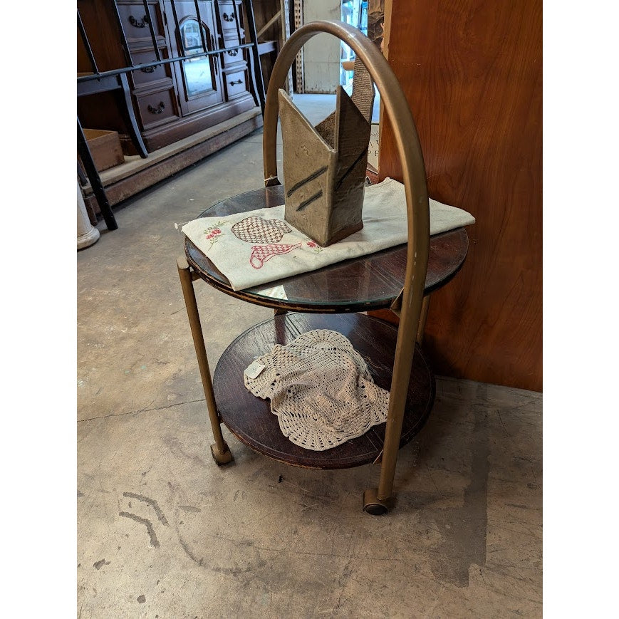 Secondhand Sandies: BAR TEA CART WOOD METAL ROUND GLASS ROLLING mcm