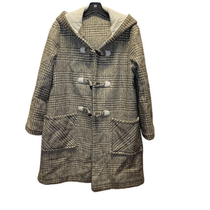 Brown Cream Vintage Plaid reversible duffle Hooded Toggle Coat Medium/Large Wool