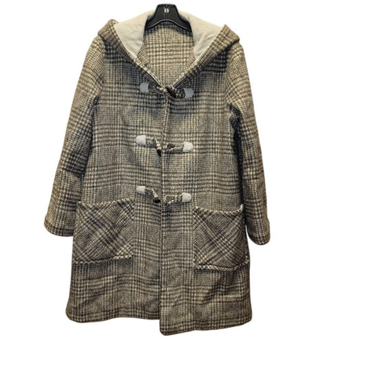 Brown Cream Vintage Plaid reversible duffle Hooded Toggle Coat Medium/Large Wool
