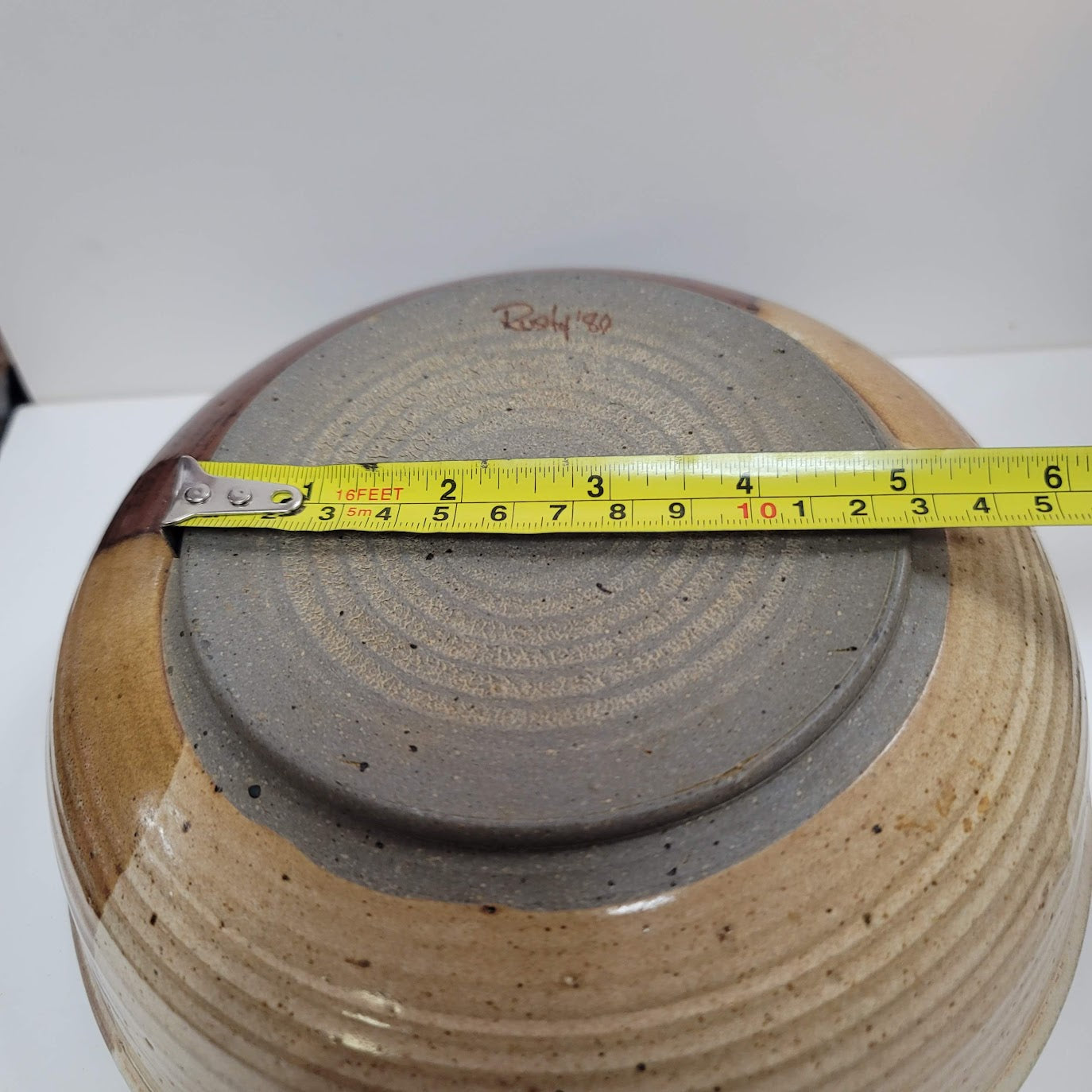 Handmade 1980s art pottery earthtone Signed Rusty 80 bowl 9" Brown Cream Tan