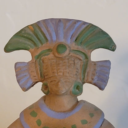 Handmade VINTAGE Inca Clay Mayan warrior Figurine Mexico with headdress Kneeling