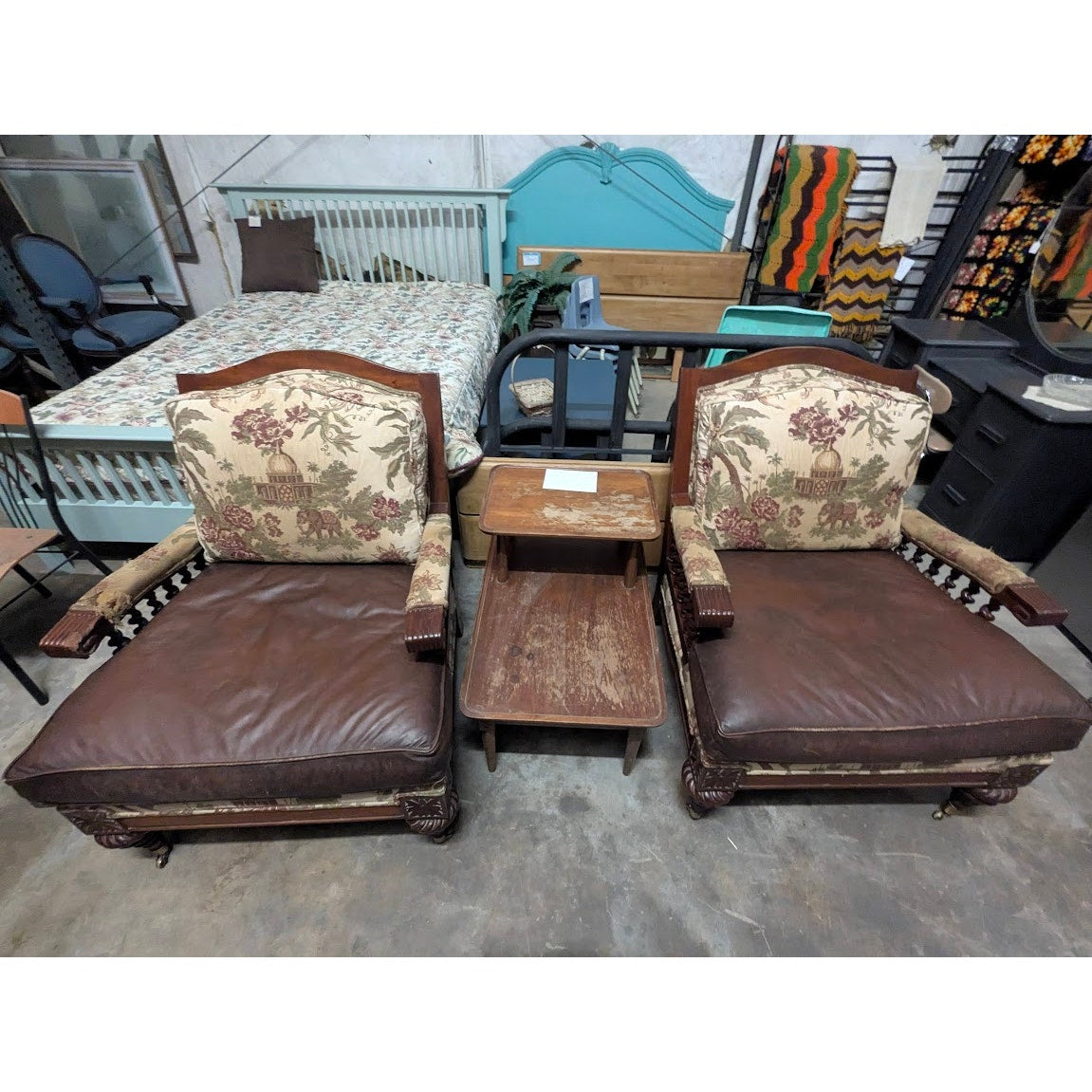 Secondhand Sandies: Pair Vintage Spanish Revival Leather & Tapestry Elephant Bobbin Chair