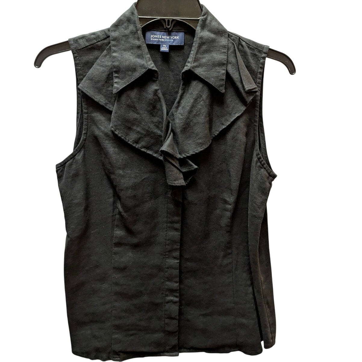 Jones New York Linen Ruffle Sleeveless Blouse Womens 6P Charcoal Black Vest Top