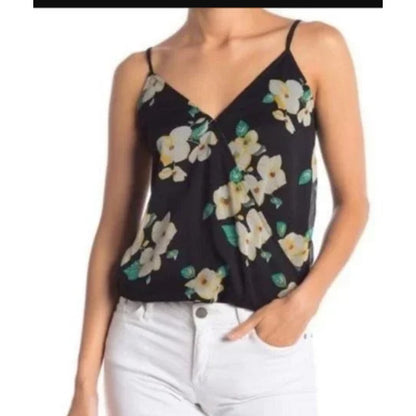 Free Press Black Chinoiserie Floral Mock Wrap Cami Top XXS
