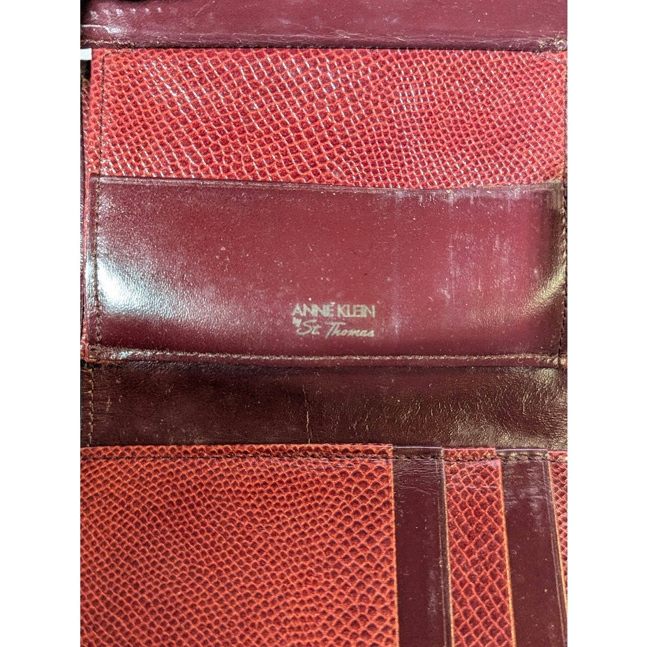 Vintage Anne Klein Lion Logo Burgundy Leather Kiss Lock Wallet 1990s