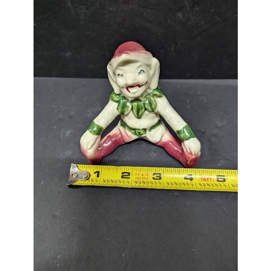 Vintage Elf Pixie Gnome Figurine Seated Smiling Green & Maroon Happy Imp Retro