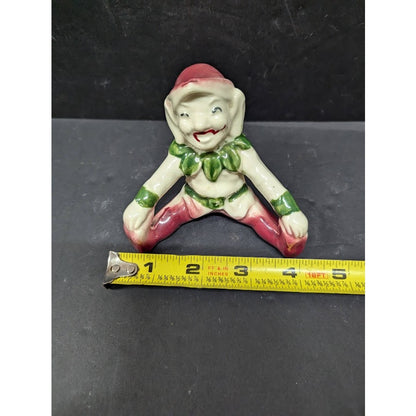 Vintage Elf Pixie Gnome Figurine Seated Smiling Green & Maroon Happy Imp Retro