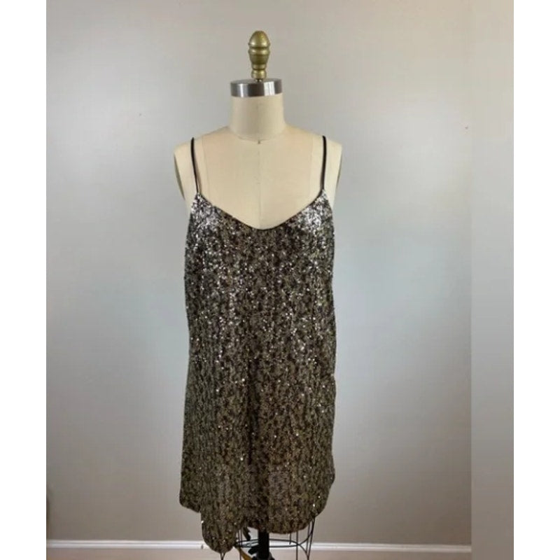 Anna Sui Gold sequin cocktail short spaghetti strap short party dress large NEW