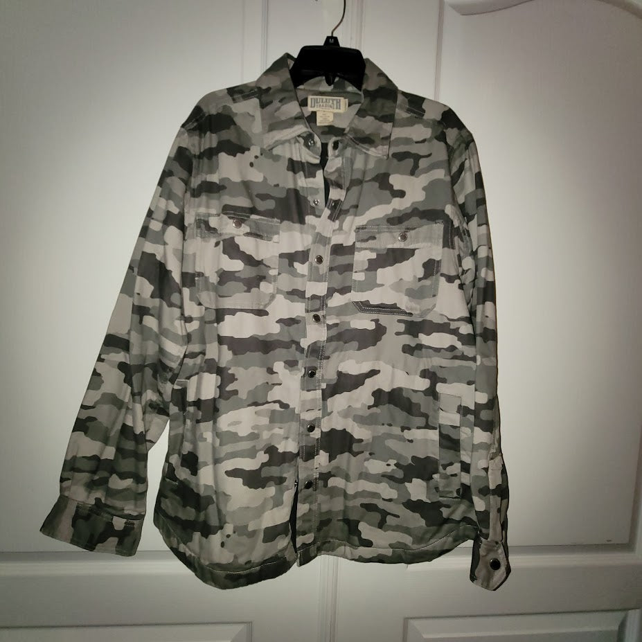 Duluth Trading Co. Men's Lined Shirt Jacket Large Grey Camo Workwear Shacket