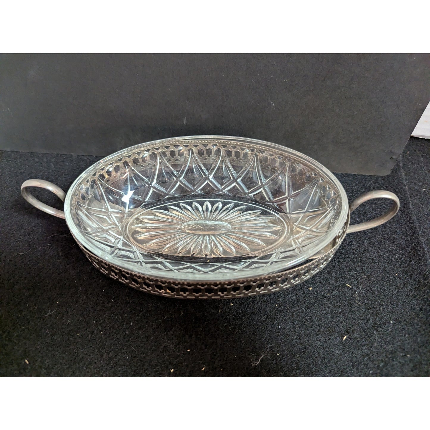 Vintage Cut Glass & Pierced Silverplate Relish Dish Set