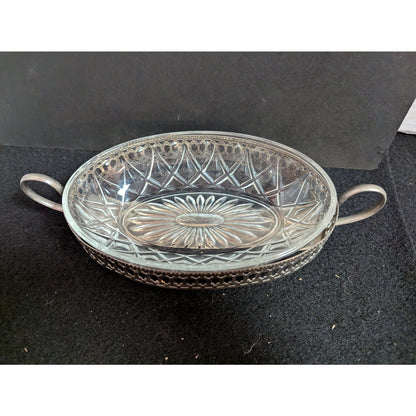 Vintage Cut Glass & Pierced Silverplate Relish Dish Set
